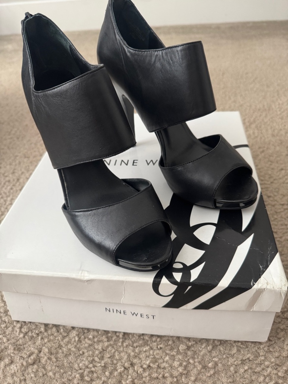 Nine West Black Leather Open-Toe High Heel Sandals